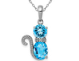 2.10 Carat (ctw) Blue Topaz Cat Charm Pendant Necklace in Sterling Silver with Chain